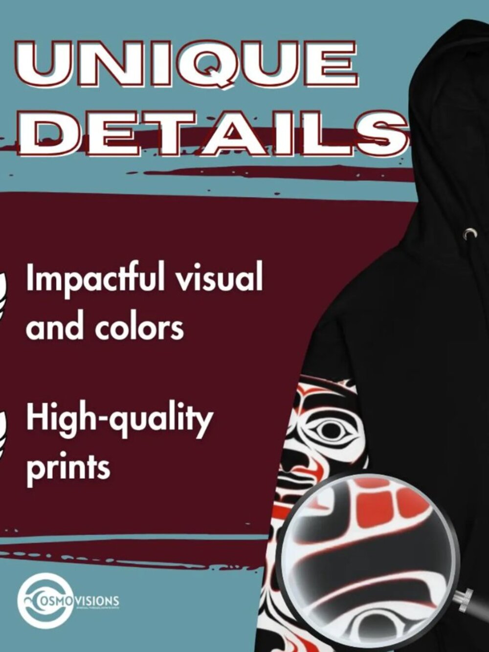 Zippered black Hoodie with Haida Tlingit design. Size L - Picture 9 of 14